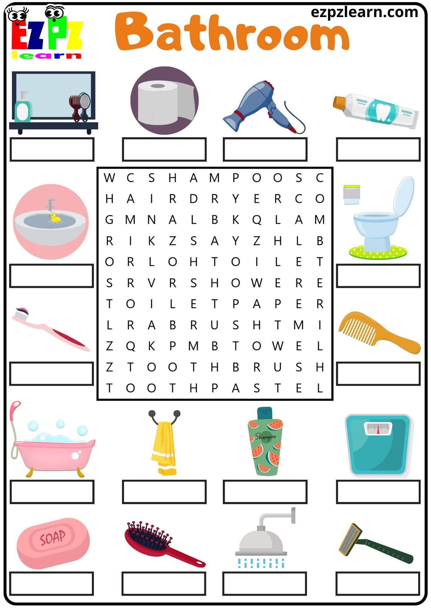 Bathroom Vocabulary Word Search and Write the Words Kids Activity